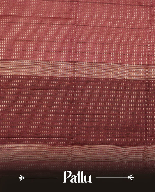 Brown colour chettinad saree highlighting gold zari dotted stripes, self colour border and contrast dark brown pallu and comes with matching blouse piece.