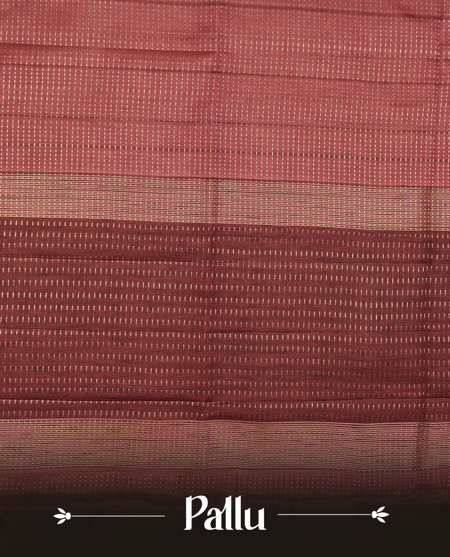 Brown colour semi tussar silk saree highlighting gold zari dotted stripes, self colour border and contrast dark brown pallu and comes with matching blouse piece.