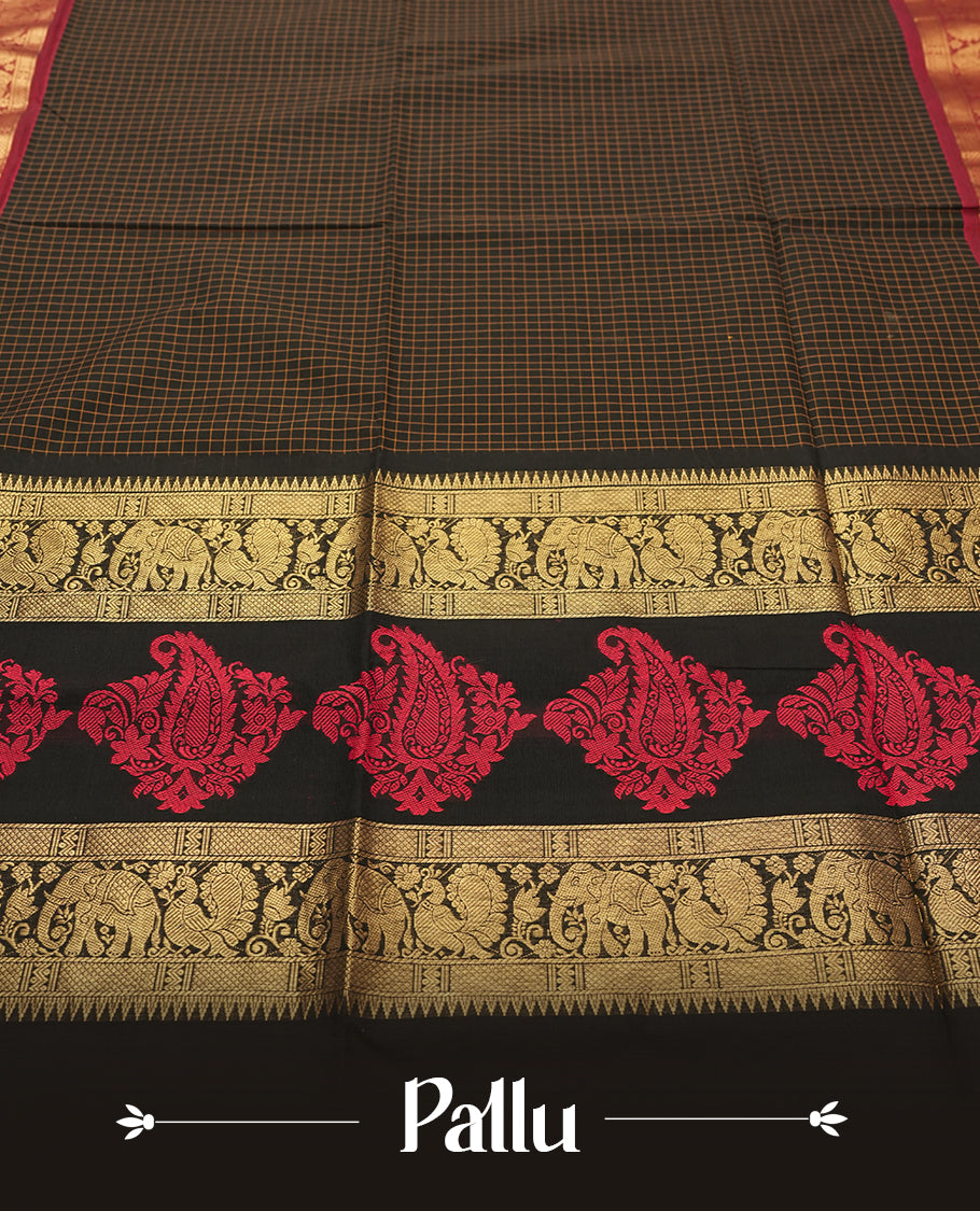 Maroon colour Silk Cotton Saree with Antique Gold Zari Borders Showcasing Elephant and Peacock Motifs, Subtle Self-Weave on the Body, and a Coordinated Matching Blouse Piece