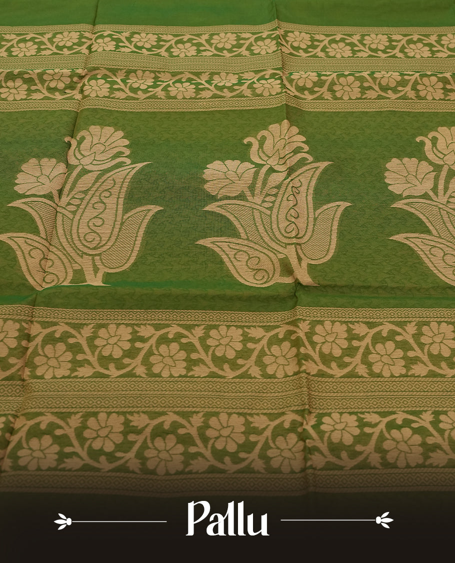 Mehendi Green Colour Silk Cotton Saree with Golden Leaf Butta Body, Contrasting Golden Zari Pallu & Border, Peacock and Floral Motifs, and Matching Woven Blouse Piece