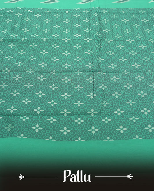 Turquoise Colour Silk Cotton Saree with White and Grey Arrow Motifs Body, Accented by White Floral Geometric Pattern Pallu, Paired with Matching Blouse Piece