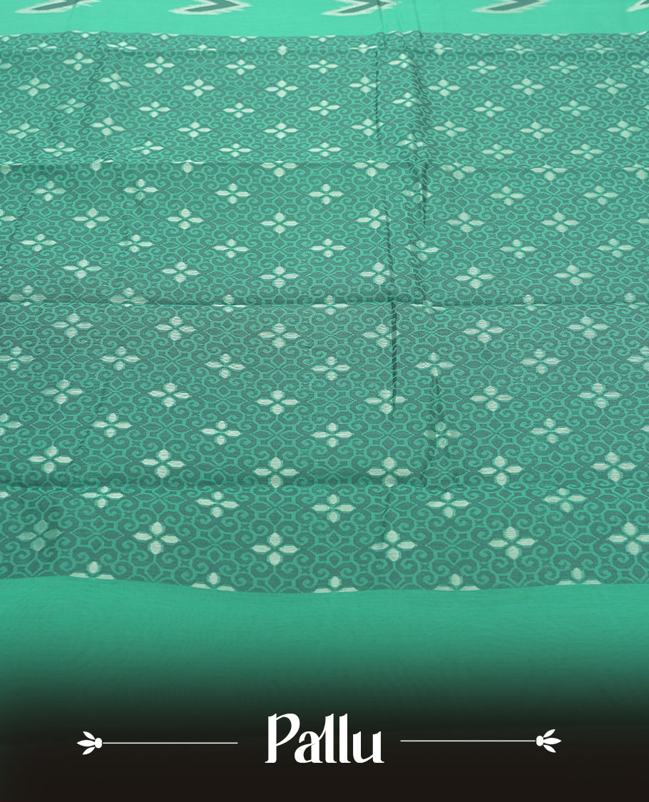 Turquoise Colour Silk Cotton Saree with White and Grey Arrow Motifs Body, Accented by White Floral Geometric Pattern Pallu, Paired with Matching Blouse Piece