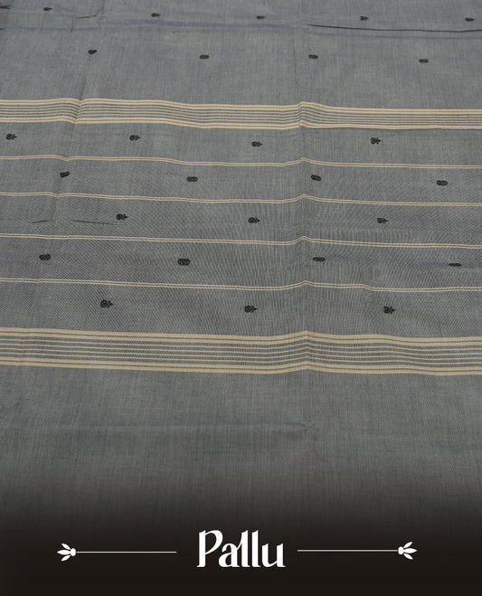 Grey Silk Cotton Saree with Black Floral Buttas Body, Accented by Zari Striped Border on Black and Grey Pallu, Paired with Matching Blouse Piece