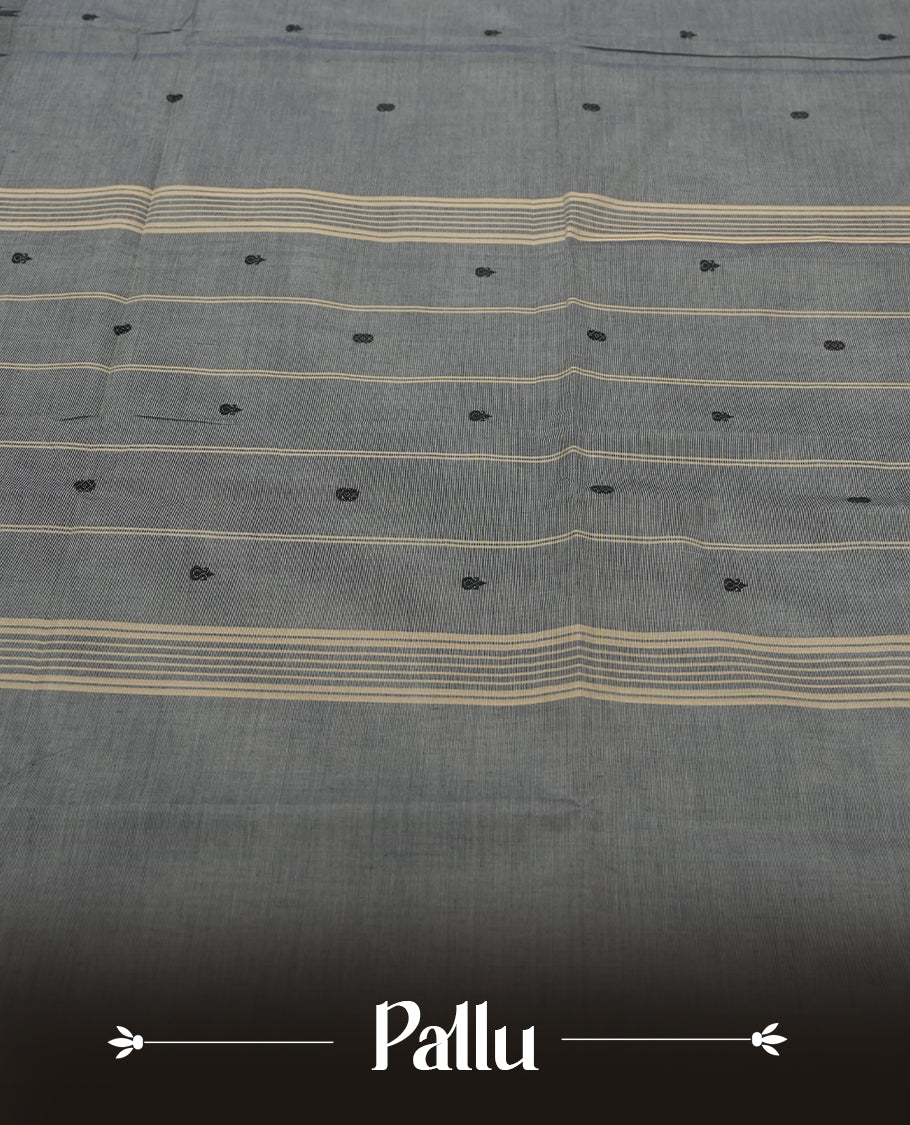 Grey Silk Cotton Saree with Black Floral Buttas Body, Accented by Zari Striped Border on Black and Grey Pallu, Paired with Matching Blouse Piece