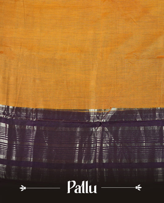 Mustard yellow colour mixed chanderi cotton saree with plain body, deep purple pallu and border with silver zari geometric motifs, and matching purple blouse.