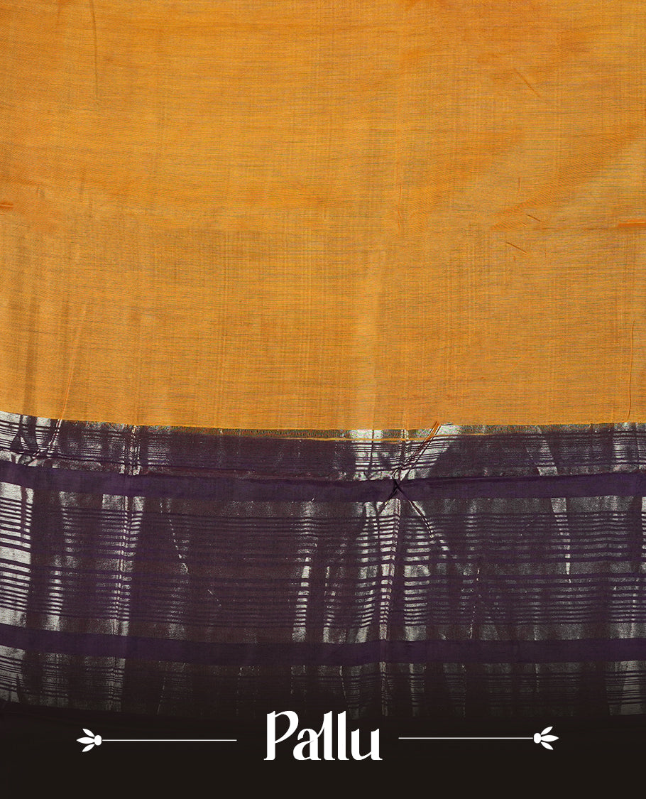 Mustard yellow colour mixed chanderi cotton saree with plain body, deep purple pallu and border with silver zari geometric motifs, and matching purple blouse.