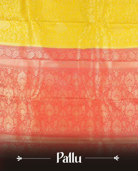 Lemon colour semi silk brocade saree featuring intricate Gold Floral kodi patterns across the body, complemented by a contrast rich red colour woven border and pallu, paired with a matching blouse.