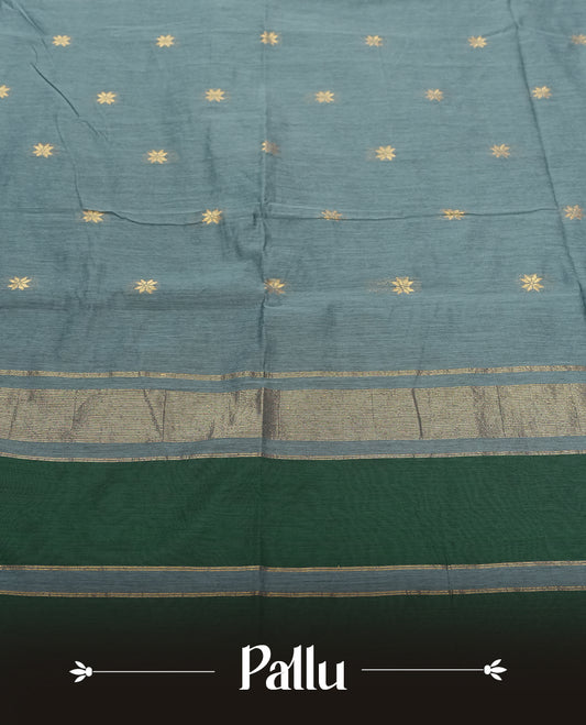 Green Silk Cotton Saree with Gold Floral Buttas Body, Accented by Gold Zari Border and Striped Pallu, Paired with Matching Blouse Piece