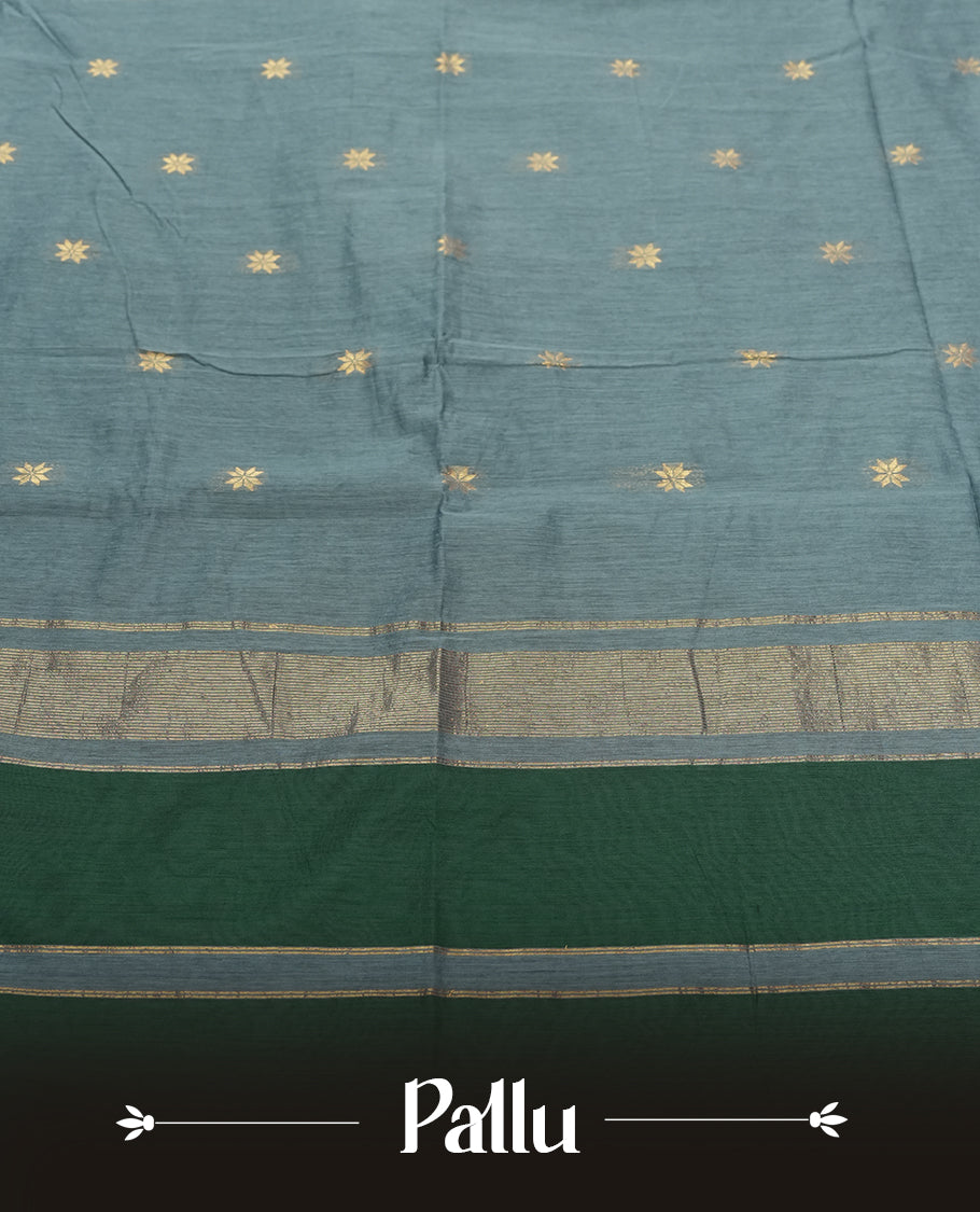 Green Silk Cotton Saree with Gold Floral Buttas Body, Accented by Gold Zari Border and Striped Pallu, Paired with Matching Blouse Piece