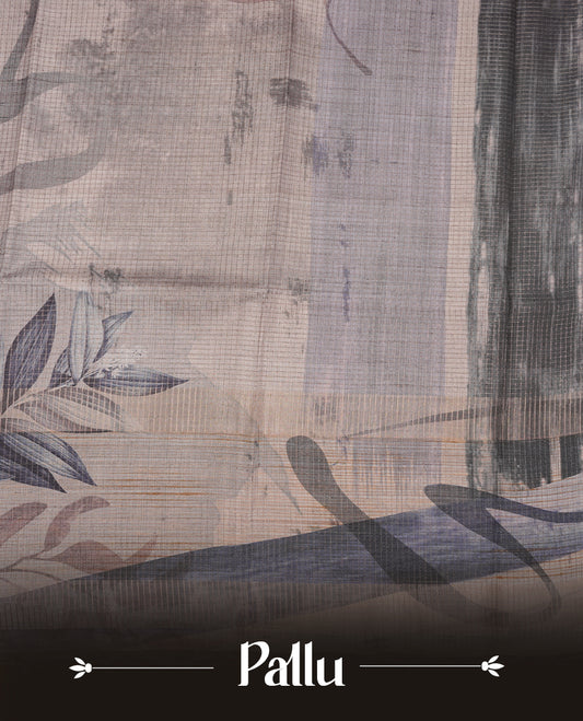 Blue grey colour semi tussar silk saree featuring floral print across body, contrast dark blue colour border and pallu, paired with matching blouse piece.