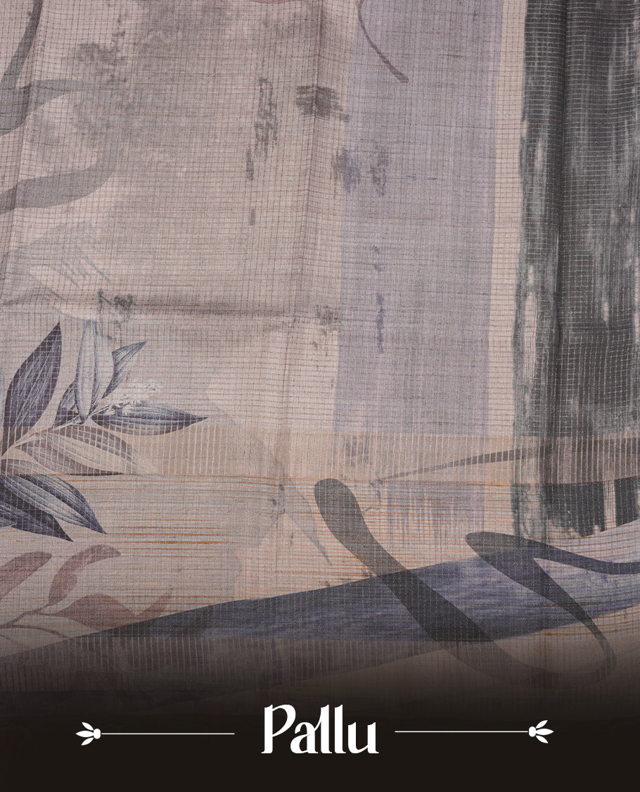 Blue grey colour semi tussar silk saree featuring floral print across body, contrast dark blue colour border and pallu, paired with matching blouse piece.