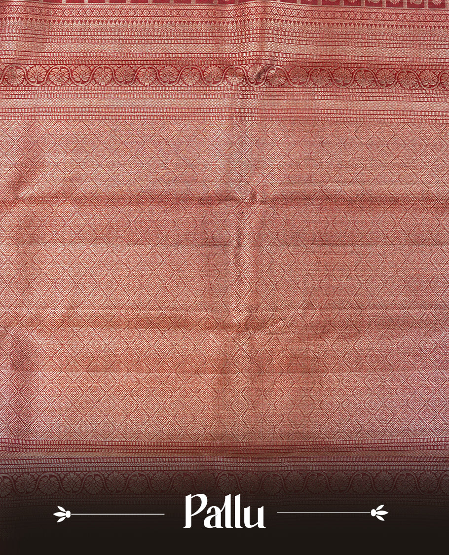 Dark maroon colour Kanchipuram Samudrika Silk Saree featuring poo chakram & bird in square pattern weaving with gold zari jacquard and a traditional zari border, paired with a matching designer jacquard blouse piece