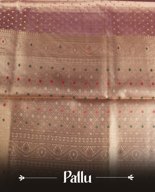 Pink & Gold double shade colour tissue banaras silk saree featuring antique gold zari motifs on the body with rich traditional zari border and pallu, paired with a matching blouse piece.
