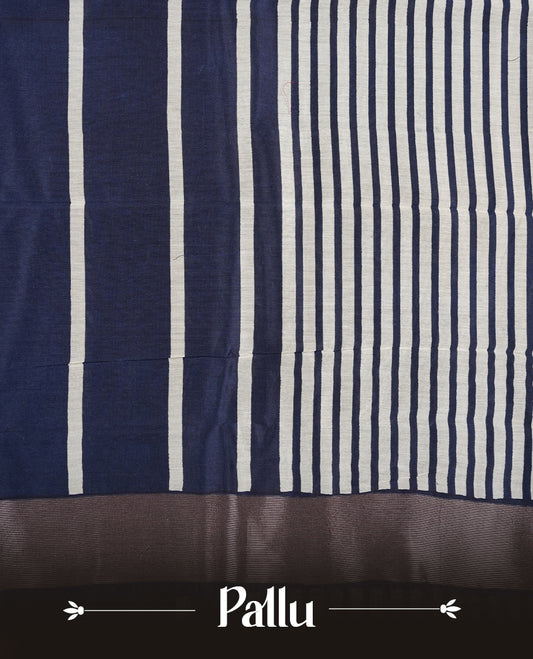 Dark blue colour chanderi silk saree featuring white stripped print pattern across body, with Antique zari pattern border and paired with matching blouse.