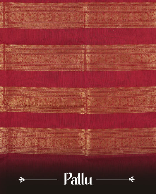 Dark marooon colour Chettinad cotton saree adorned with small peacock motifs on the body, it features a contrast maroon and brown border highlighted with intricate green and golden zari weaving & Comes with a matching blouse piece.