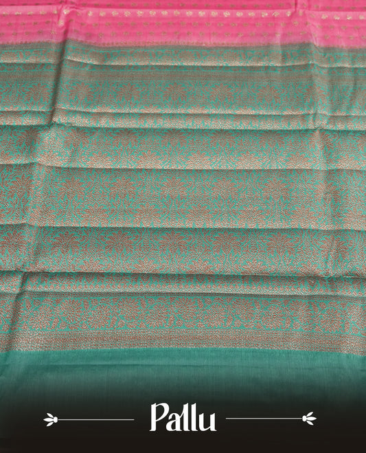 Pink colour pure tussar silk saree adorned with subtle silver zari motifs all over, complemented by a rich contrast aqua blue Banarasi border & Comes with a matching blouse piece.