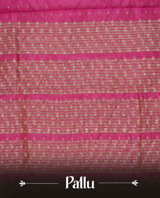 Rani pink colour semi tussar silk saree featuring gold zari dot motifs all over the body, highlighted by a self colour border with intricate gold zari temple patterns. Comes paired with a matching blouse piece.