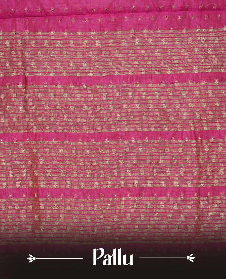 Rani pink colour semi tussar silk saree featuring gold zari dot motifs all over the body, highlighted by a self colour border with intricate gold zari temple patterns. Comes paired with a matching blouse piece.