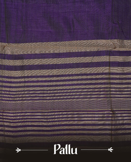 Purple colour semi tussar silk saree featuring an elegant plain body with traditional gold zari detailed border for a refined look. Comes paired with a matching blouse piece.