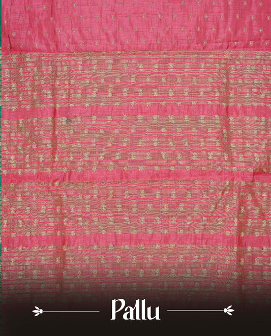 Pink colour semi tussar silk saree featuring gold zari dot motifs all over the body, highlighted by a self colour border with intricate gold zari temple patterns. Comes paired with a matching blouse piece.