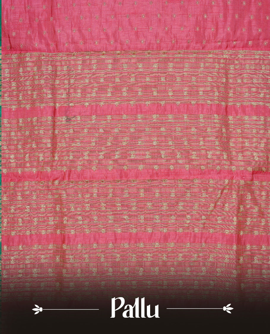 Pink colour semi tussar silk saree featuring gold zari dot motifs all over the body, highlighted by a self colour border with intricate gold zari temple patterns. Comes paired with a matching blouse piece.
