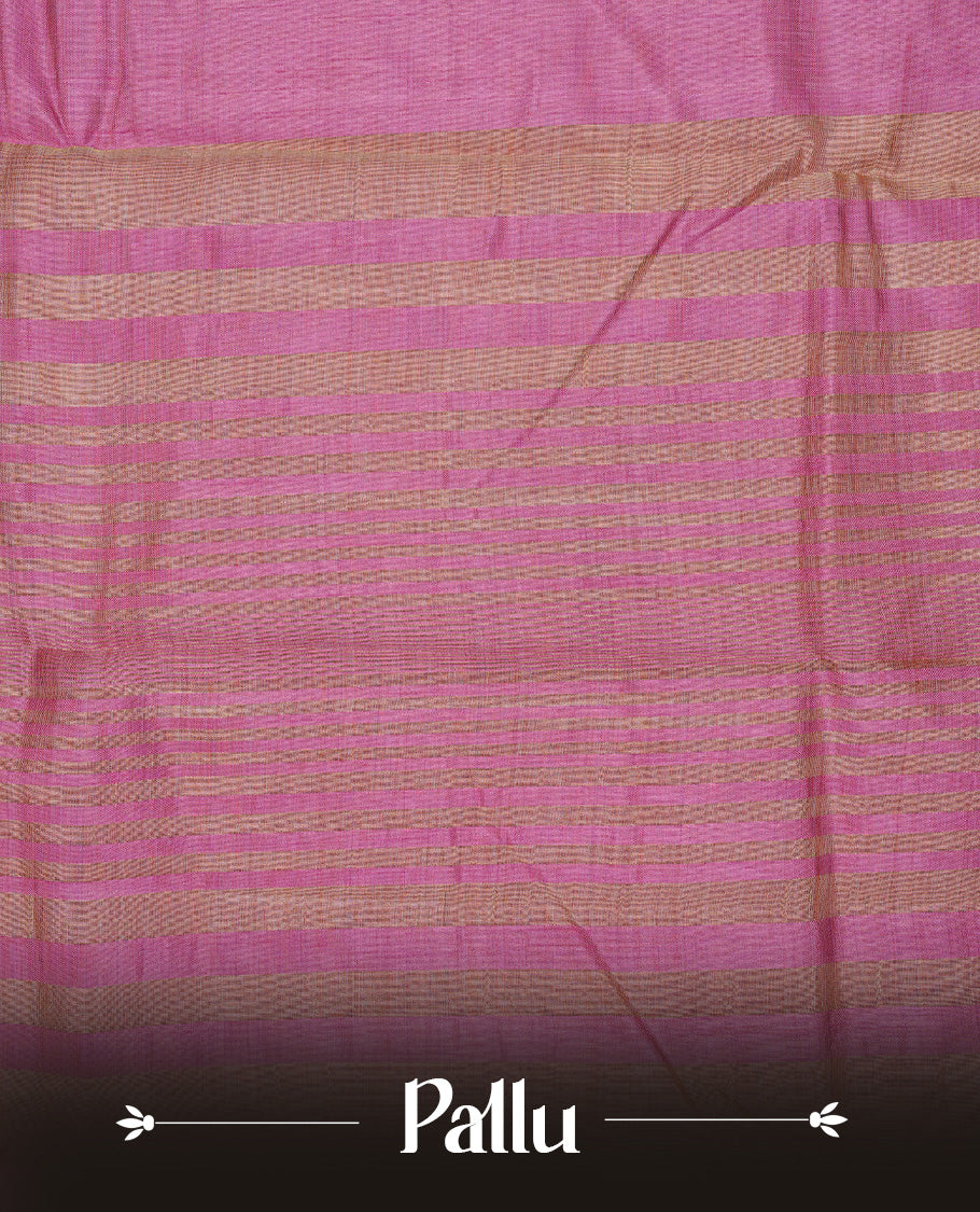 Pink colour semi tussar silk saree featuring an elegant plain body with traditional gold zari detailed border for a refined look. Comes paired with a matching blouse piece.