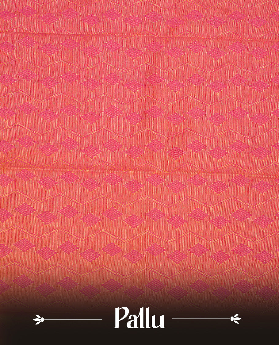 Pale yellow colour Semi silk saree featuirng Cream colour patterns on body, complemented by contrast magenta colour with gold zari border, paired with matching blouse piece.