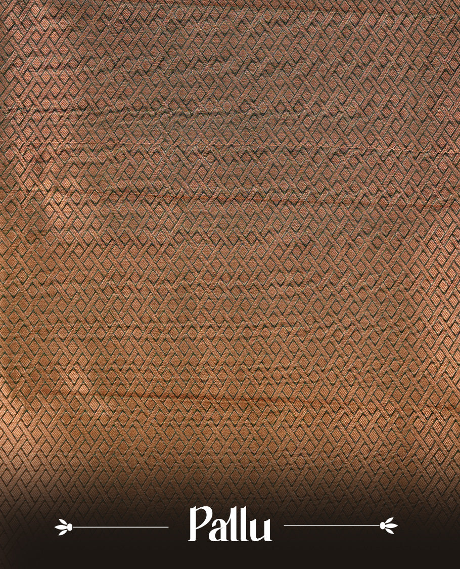 Rust Orange colour Semi silk saree Featuring gold zari motifs on body, complemented by contrast Maroon colour with gold zari border, paired with matching blouse piece.