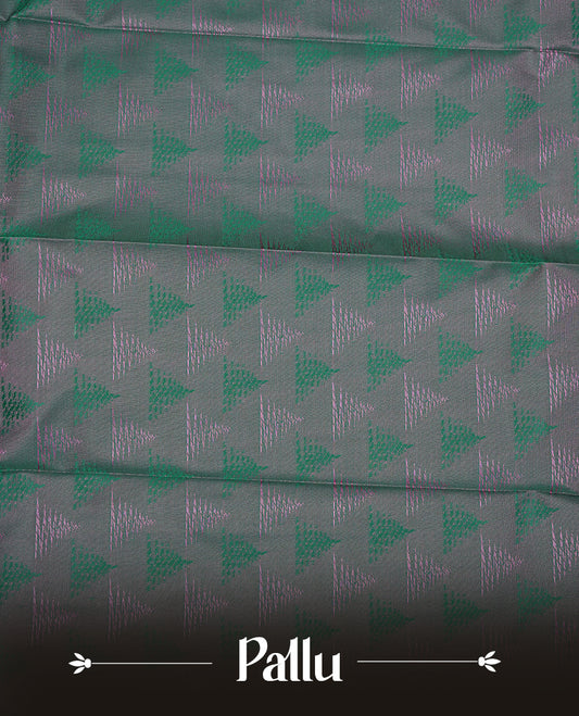 Pink colour Semi silk saree Featuring gold zari motifs on body, complemented by contrast purple colour with gold zari border, paired with matching blouse piece.