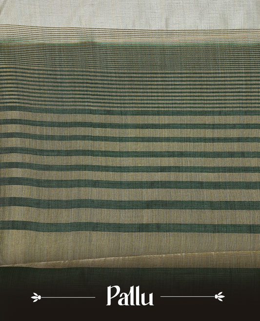 Light gold Colour Tussar saree featuring elegant plain body, complemented by contrast Dark green colour with zari work border, comes with matching blouse piece.