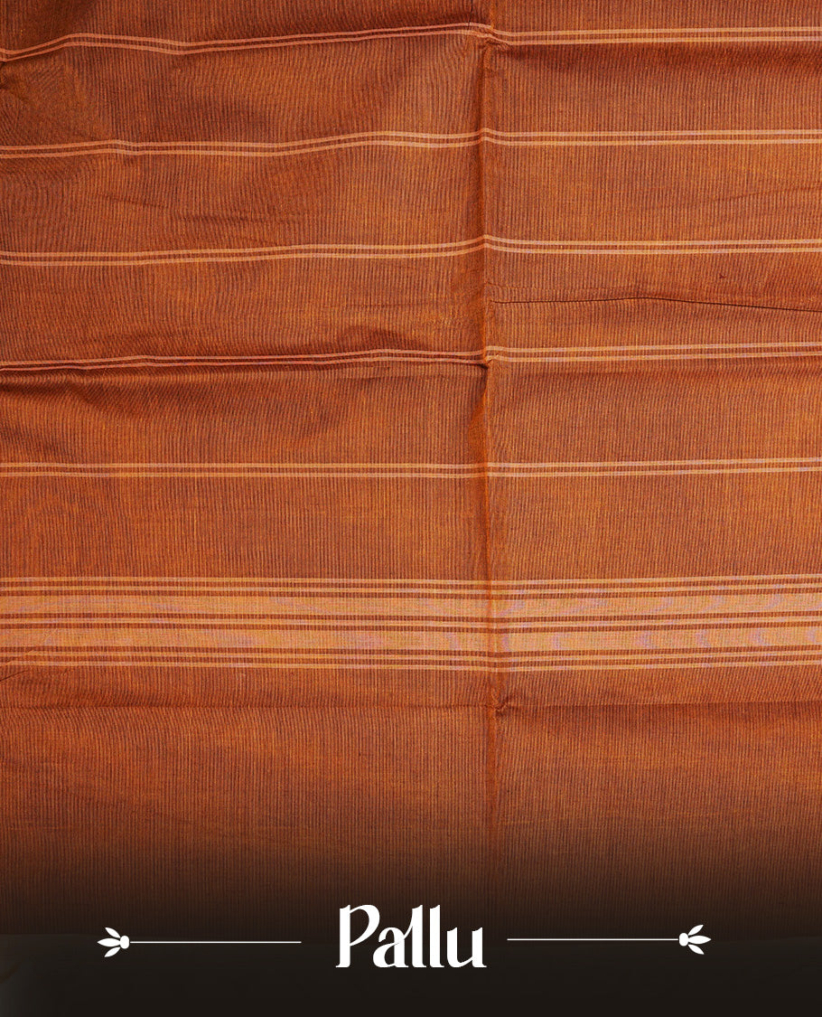 Rust Brwon colour chettinad cotton saree featuring Plain body, complemented by Contrast Maroon Colour With Gold Zari border, paired with matching blouse piece.