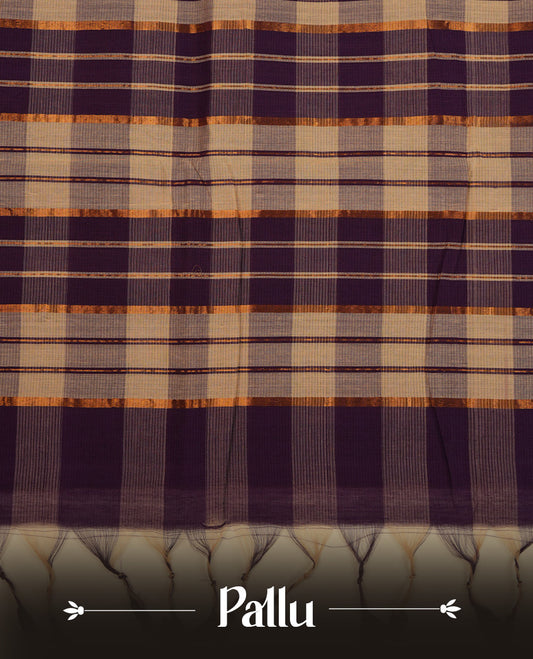 Purple and off-white checked Mangalagiri cotton saree with an elegant antique zari border and contrast pallu. Comes with a matching blouse piece
