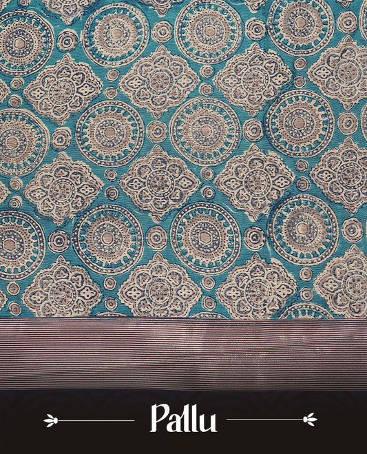 Blue colour Chanderi silk saree featuring Print on body, complemented by Dark Blue colour with Antique zari border, paired with matching blouse piece.