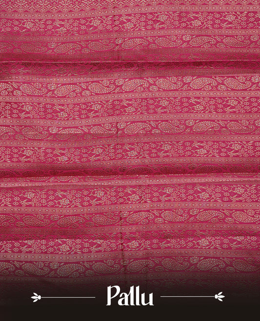 Pink colour Semi Tussar silk saree featuring an elegant plain body, accentuated by a self colour with gold traditional zari border, paired with a matching blouse piece.