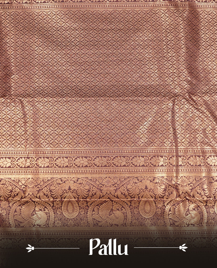 Dark Chocolate Colour Wedding Silk Saree Featuring Gold zari stripes on body, complemented by traditional Zari pattern on self colour border, paired with matching blouse piece.