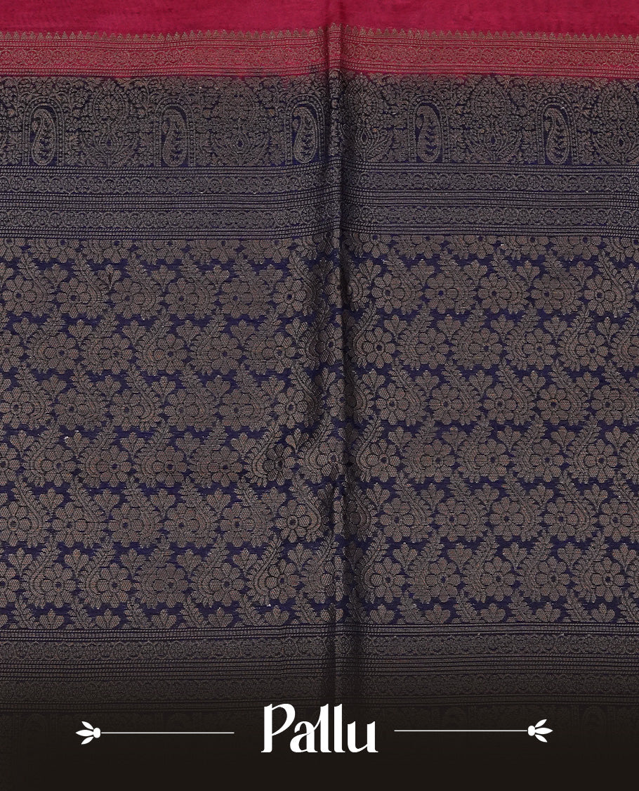 Red colour semi silk saree featuring Gold zari Leaf pattern on body, complemented by contrast  navy colour with Gold zari border, comes with matching blouse piece.