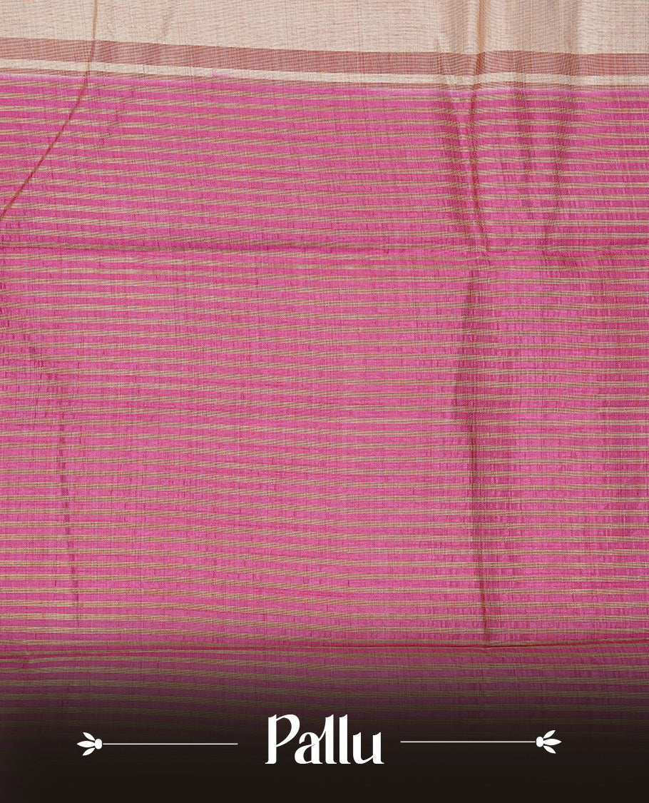 Light gold Colour Tussar saree featuring elegant plain body, complemented by contrast Magenta colour with zari work border, comes with matching blouse piece.