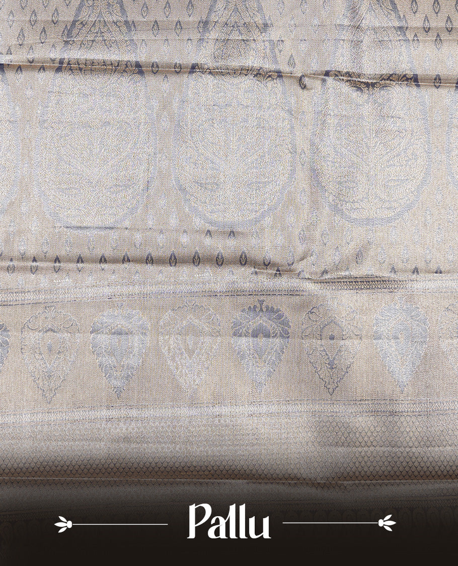 Aqua green colour and antique gold Zari Tissue Brocade Saree features intricate floral Motifs on body and rich Violet colour with traditioal Border & pallu with Gold Zari Patterns paired with matching blouse