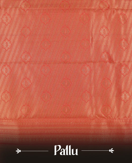 Dark Chocolate colour Traditional Kancheepuram silk saree featuring gold zari motifs on body, enhanced with contrast Red with traditional border, paired with matching blouse piece.