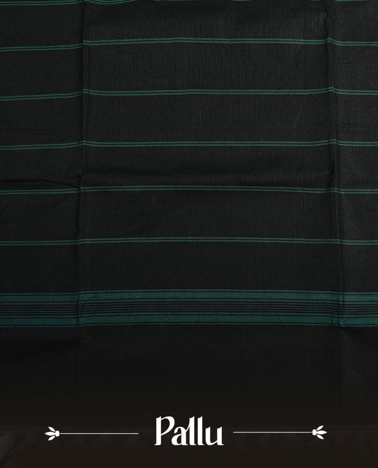 Black colour chettinad cotton saree featuring elegant plain body, complemented by contrast Aqua Colour with cream colour zari pattern on border, paired with matching blouse piece.