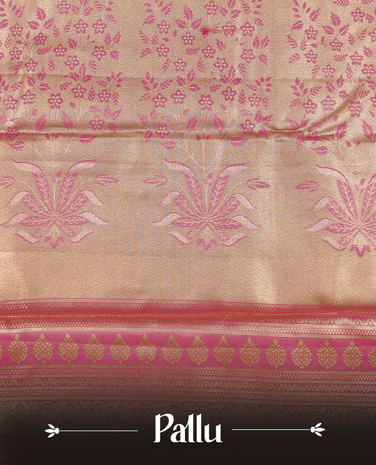 Pink colour Tissue saree featuirng Aqua, Gold, silver zari Scales design on body, complemented by traditional border on self colour, paired with matching blouse piece.