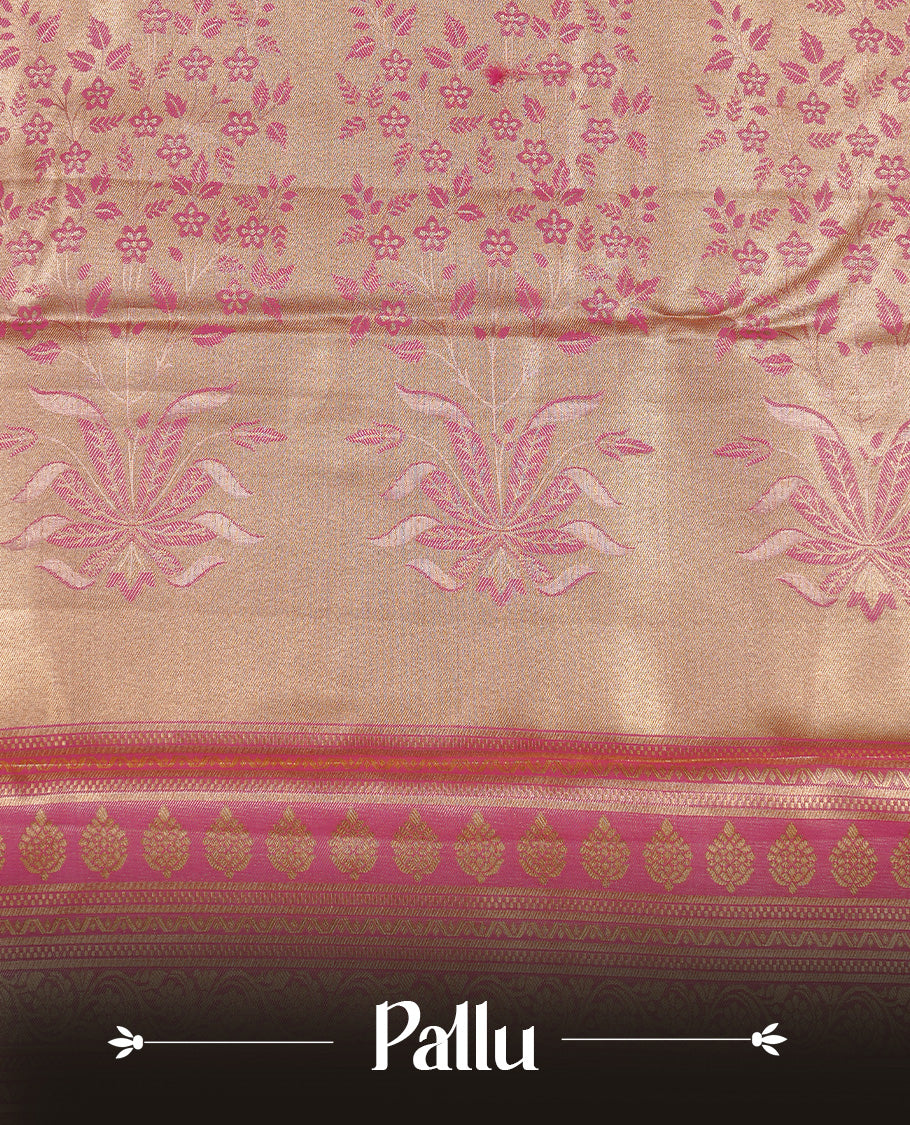Pink colour Tissue saree featuirng Aqua, Gold, silver zari Scales design on body, complemented by traditional border on self colour, paired with matching blouse piece.