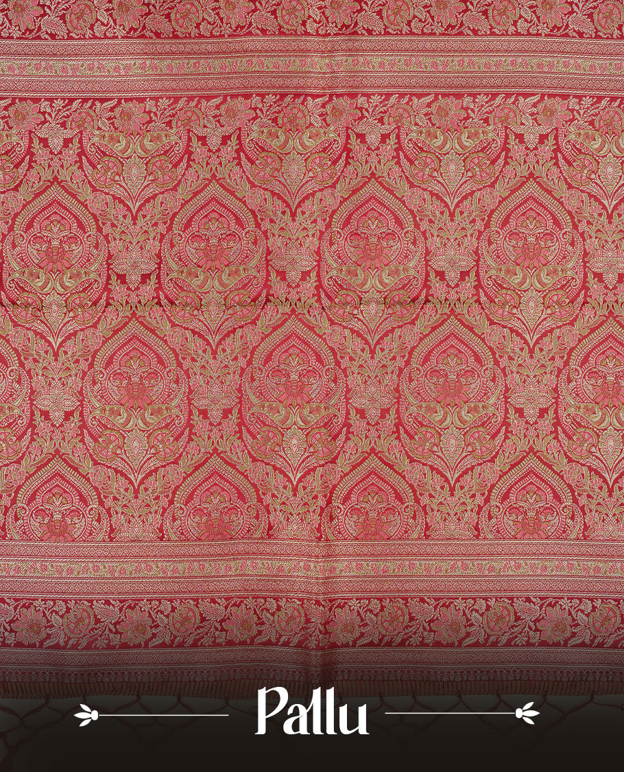 Brown colour Bulberry silk saree featuring gold zari Mango & floral kodi pattern across body, complemented by self colour border with gold zari work, comes with matching blouse piece.