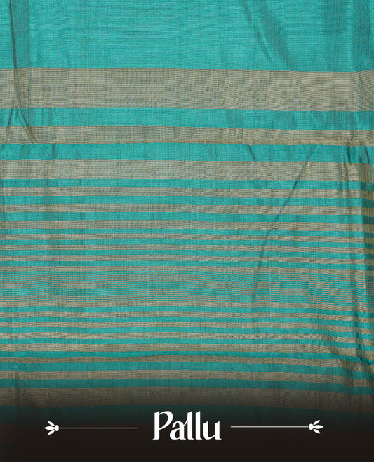 Aqua colour semi tussar silk saree featuring an elegant plain body with traditional gold zari detailed border for a refined look. Comes paired with a matching blouse piece.