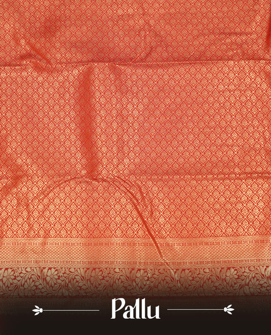 Red Semi Wedding Silk Saree featuring Gold Zari Motifs On body, Complemented with traditional zari with Self colour border, paired with matching blouse piece.