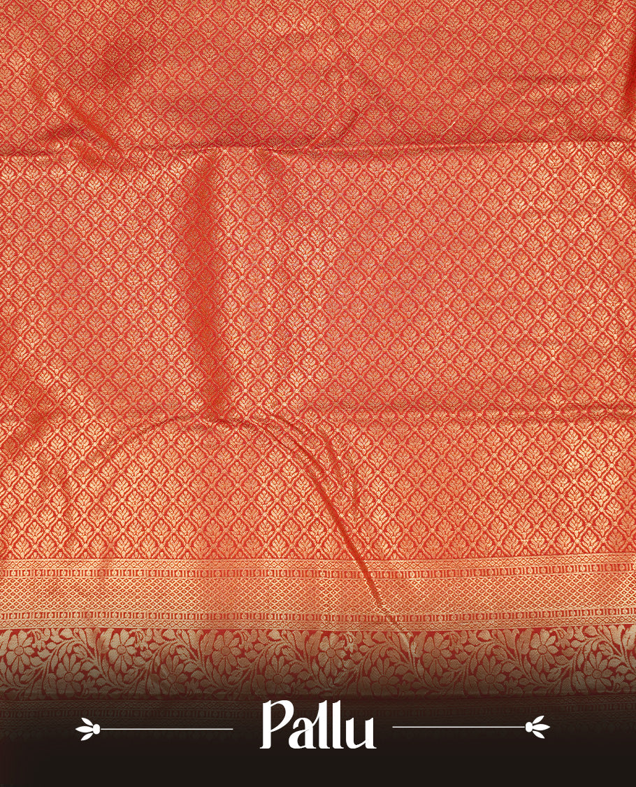 Red Semi Wedding Silk Saree featuring Gold Zari Motifs On body, Complemented with traditional zari with Self colour border, paired with matching blouse piece.