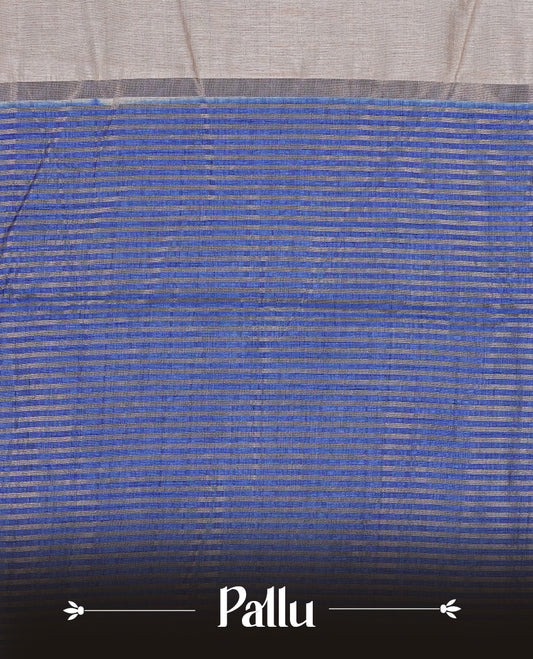 Cream colour Tussar silk saree Featuring Elegant Plain body, complemented by Contrast Blue colour with gold zari border, paired with matching blouse piece.