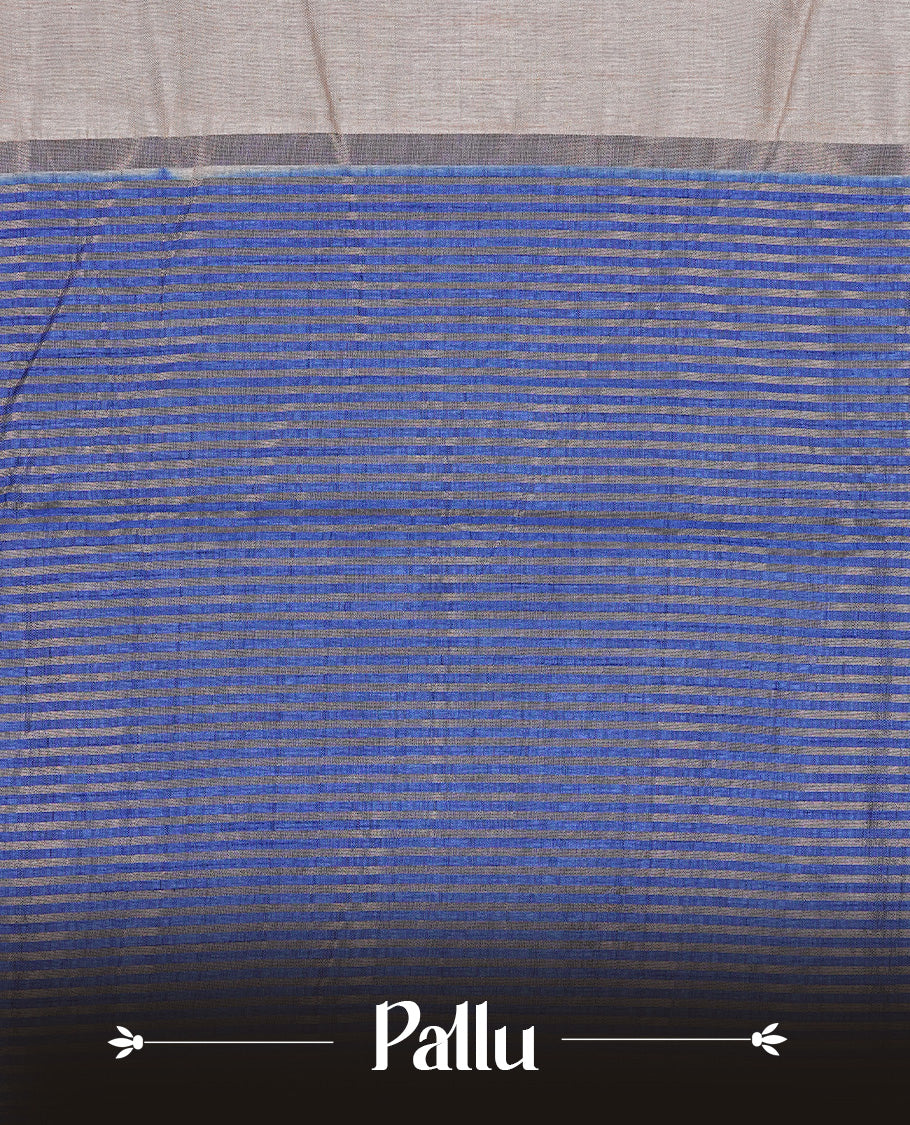 Cream colour Tussar silk saree Featuring Elegant Plain body, complemented by Contrast Blue colour with gold zari border, paired with matching blouse piece.