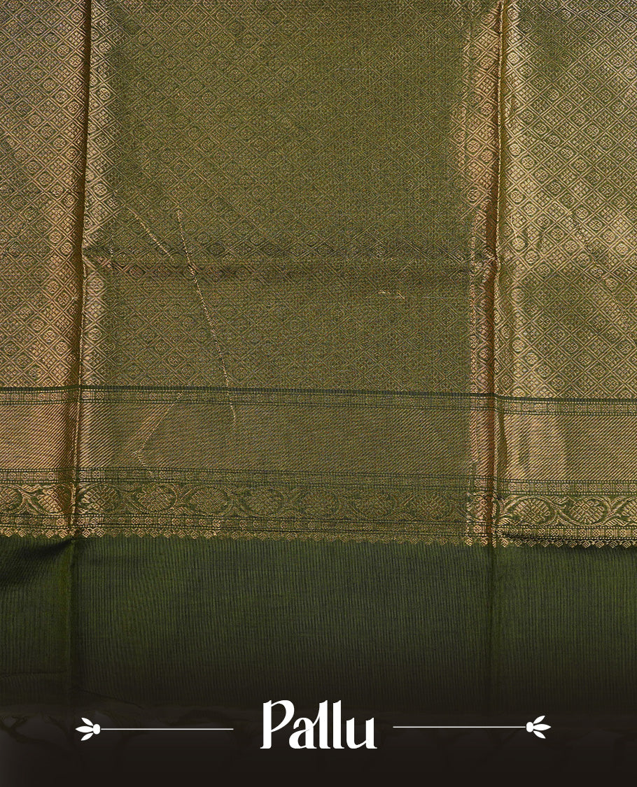 Green colour chettinad cotton saree featurign gold zari stripes pattern with Motifs on body, complemented by contrast Magenta With gold zari border, paired with matching blouse piece.