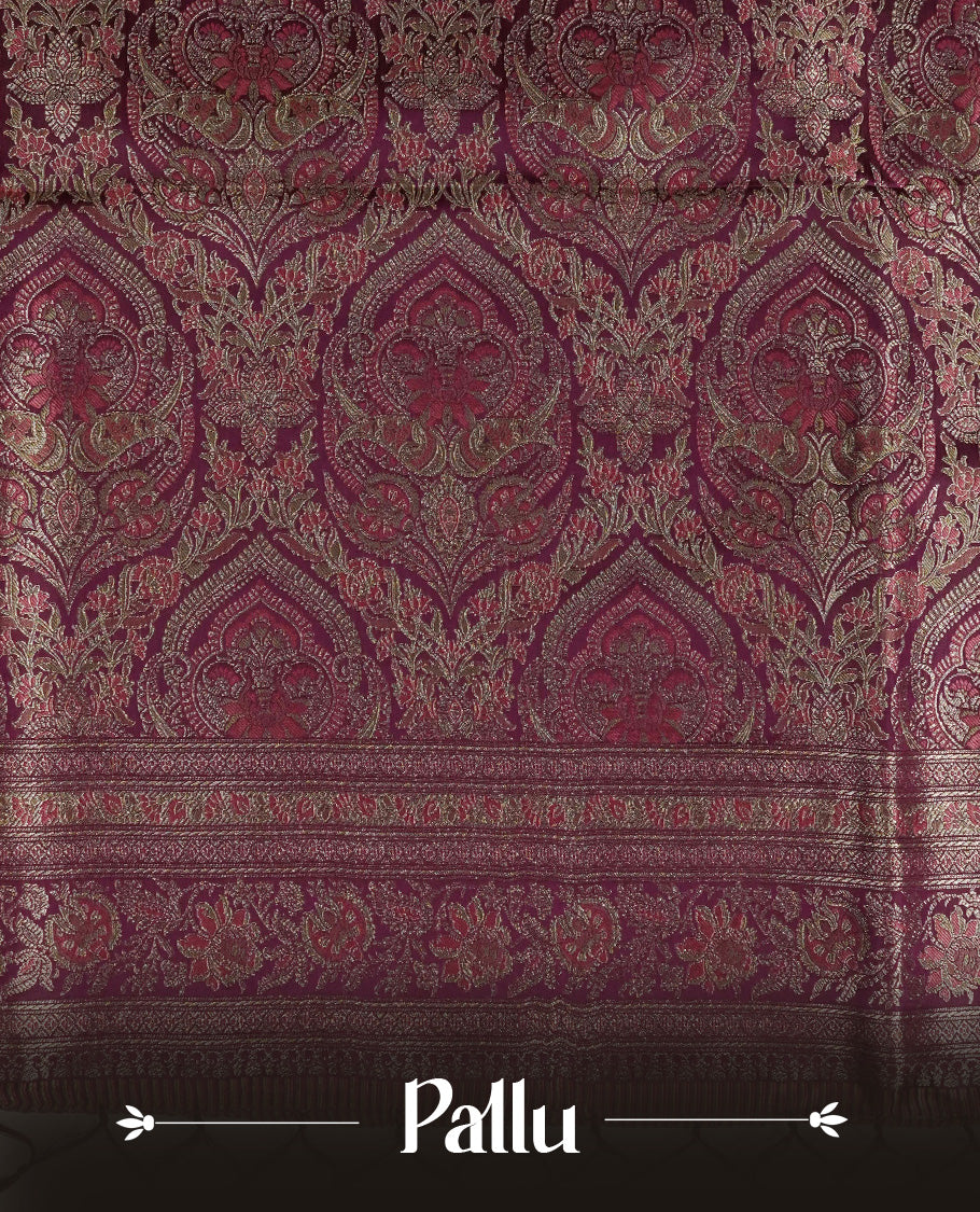 Deep purple colour Mulberry silk saree featuring gold zari Mango & floral kodi pattern across body, complemented by self colour border with gold zari work, comes with matching blouse piece.